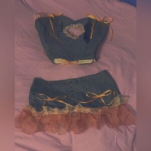 Denim Two-Piece Crop Top and Mini Skirt Set with Pink Tulle Ruffles💖